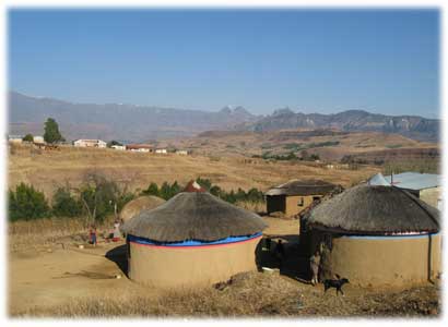 Drakensburg mountains and rondavels
